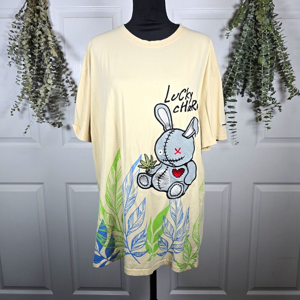 Cream BKYS Lucky Charm Graphic T-shirt Embroidered Patchwork Bunny Tall 3XL
